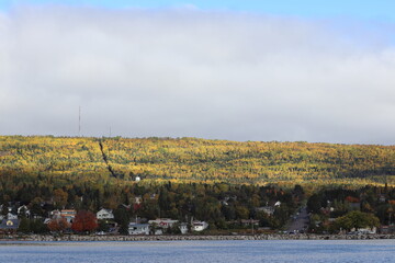 View of downtown and the autumn trees in Grand Marais, harbor in Northern Minnesota 