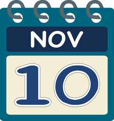 Flat icon calendar 10 of November. Date, day and month. PNG illustration . Blue teal green color banner. 10 Nov. 10th of Nov.