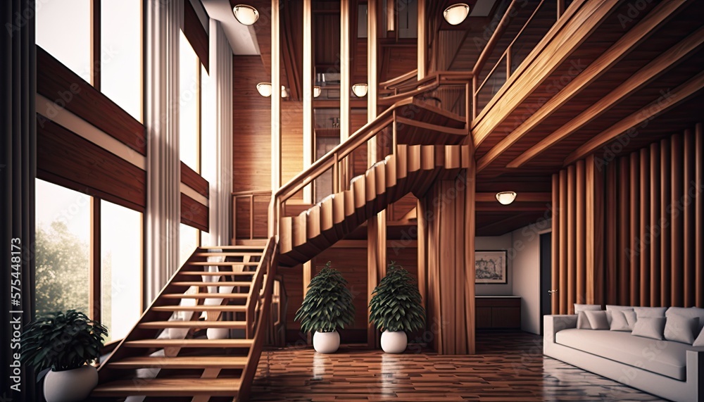 Poster modern interior, wooden stairs, staircase