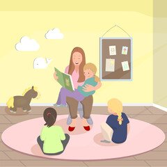 Little kids study with teacher. Educator reads a book. Teacher reads book while children sit and listening. Kids education vector