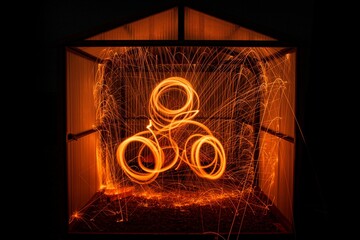 Steel Wool Art. A record of the fiery path of a whisk full of burning steel wool! The corrugated sheets may contain the sparks, but their fire lives on. 