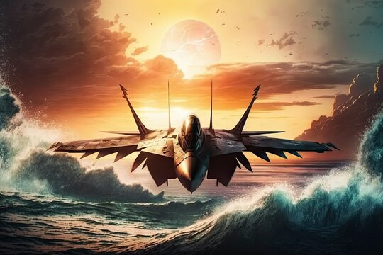 F 18 fighter jets above the ocean. Generative AI
