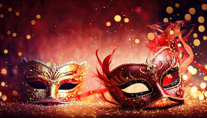 Venetian masks on red bokeh lights for a carnival party. Based on Generative AI
