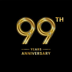 99th Anniversary logo design with golden number and text for anniversary celebration event, invitation, wedding, marriage, greeting card, banner, poster, flyer. Logo Vector Template