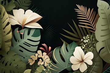 Lovely tropical plant and flower background, complete with palm fronds. having room for any type of writing. Generative AI