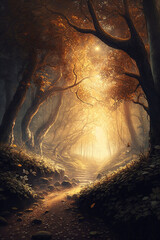 Tree tunnel golden light fantasy