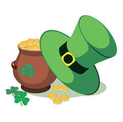 A set of St. Patrick's Day symbols. A pot of coins. Green Hat. PNG