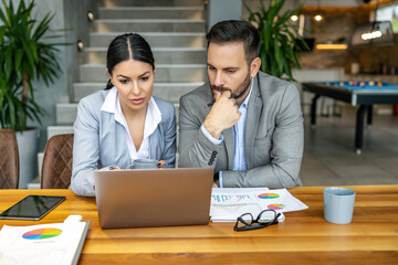 Two business people using laptop and discussing about new project at office