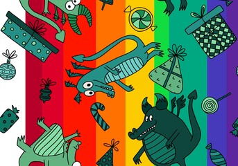 Obraz premium Cartoon dinosaur monsters seamless dragon pattern for wrapping paper and Christmas gift box and kids clothes