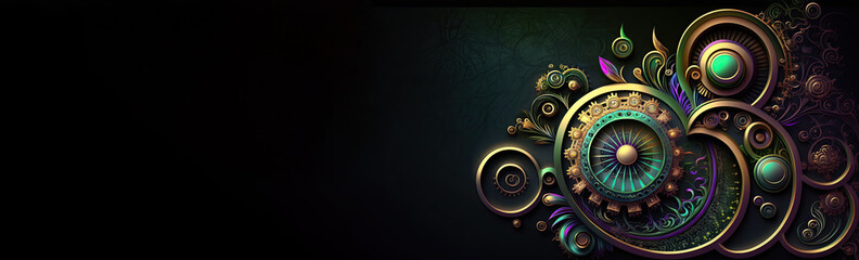 Iridescent Steampunk Banner with Text Space and Black Background - Generative AI