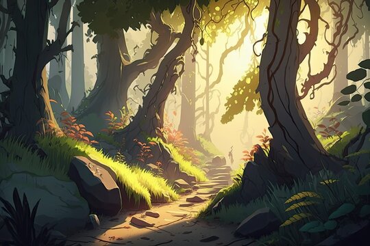 Sunlight streaming through the trees of a fantastical forest. Realistic Cartoon Style Illustration, Concept Art, and Digital CG Animation for Video Games. Generative AI