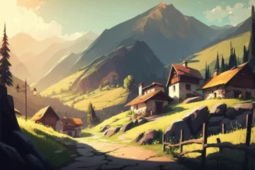 Rolgordijnen Village in a lush hilly grassy landscape in sunny day painting. Vector illustration  © Ara Hovhannisyan