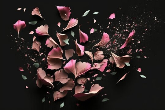 Free Falling Rose Petals on a Black Background. Generative AI