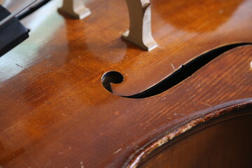 Detail of double bass body with f-holes and bridge