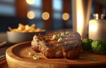 Obraz na płótnie Canvas Wagyu rib-eye beef steak with garlic sauce and potatoes closeup on a tray in a restaurant, AI generative illustration