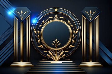 Graphics of a royal award ceremony set against a deep blue background. Sparkling Lines Glamorous, Up to Date Layout. Exquisite High Quality Business Abstract Design Template. The traditional look of a