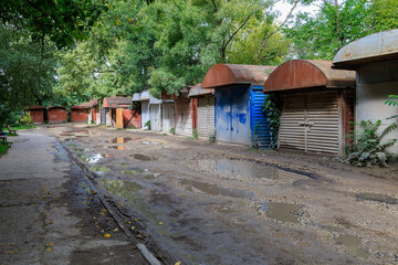 Railroad car garages. The inscription in Russian Do not park. Background with selective focus