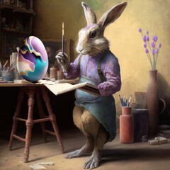 Easter bunny getting ready for Easter. Painting egg, artist 