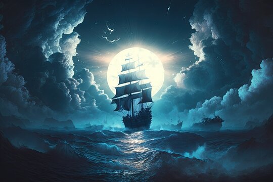 A cold, dark seascape with a spectral ship is depicted in this illustration. There's a Flying Dutchman out there in the distance. Generative AI
