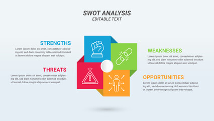 Rectangular SWOT Analysis Infographics Diagram with Four Steps or Options. Business Advantages and Disadvantages. Colorful Presentation Template for Planning, Management, and Evaluation of Project.