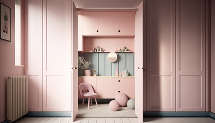 mockup stylish pink children room interior background, Generative AI