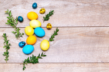 Colorful easter eggs lie in decor yellow bucket on wooden background with green plant branches, spring nature concept with copy space