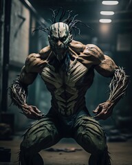 Fototapeta na wymiar Humanoid Horror Creature With Exposed Muscles and Elongated Limbs. Generative AI.