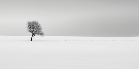 Minimal Winter Landscape With Single Black Tree in the Distance. Generative AI.