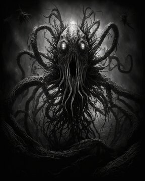 Eldritch Cthulhu Creature With Writhing Tentacles and Pulsing Veins Horror Character. Generative AI.