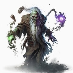 Wizard Zombie Character Casting a Spell on White Background, generative ai
