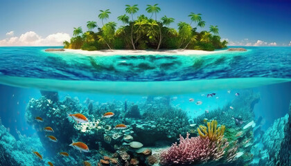 Naklejka na ściany i meble Waterline between tropical island and coral reef. Based on Generative AI