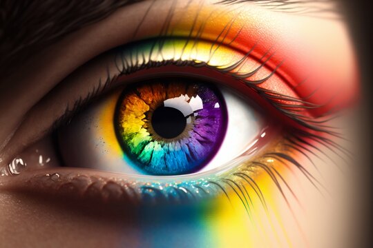 Female eye closeup with rainbow pupil. Generative AI
