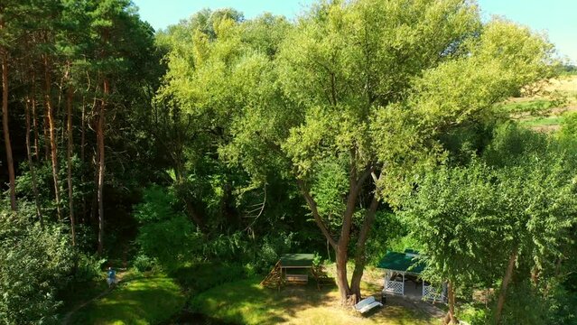 Picnic area with two alcoves in the woods. Drone going up above the green trees. Agricultural fields with picked crop of wheat at backdrop. Top view.