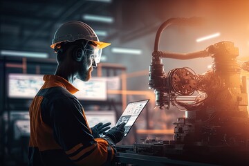 Engineer check and control welding robotics automatic arms machine in intelligent factory with monitoring system software. Digital manufacturing operation. Industry. Generative AI