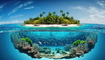 Fototapeta premium Waterline between tropical island and coral reef. Based on Generative AI