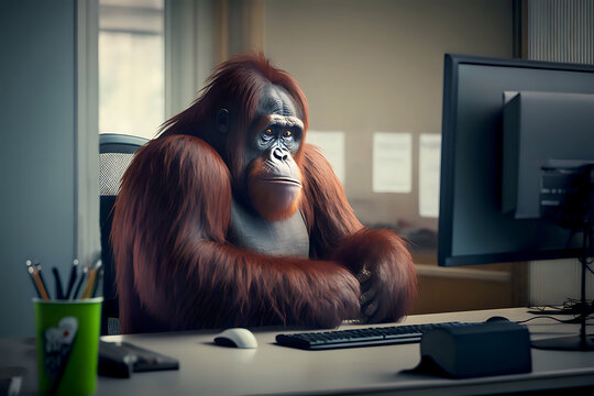 Conceptual Satirical Image Of A Boring Office Life - Orangutan At A His Work Desk At The Office. Generative AI