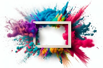 Empty blank frame with colorful powder paint explosion. Generative AI