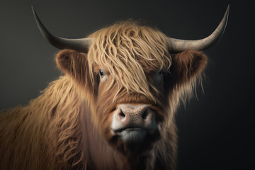 Scottish highland cattle close up. Side view of big brown hairy cow. Generative AI