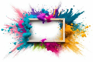 Obraz na płótnie Canvas Empty blank frame with colorful powder paint explosion. Generative AI