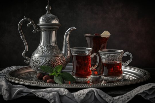 Traditional Glasses For Drinking Mint Tea From Morocco, Along With An Antique Teapot On A Silver Serving Tray. The Backdrop Was Grey. The Action Is Up Close And Personal. This Is A Great Perspective