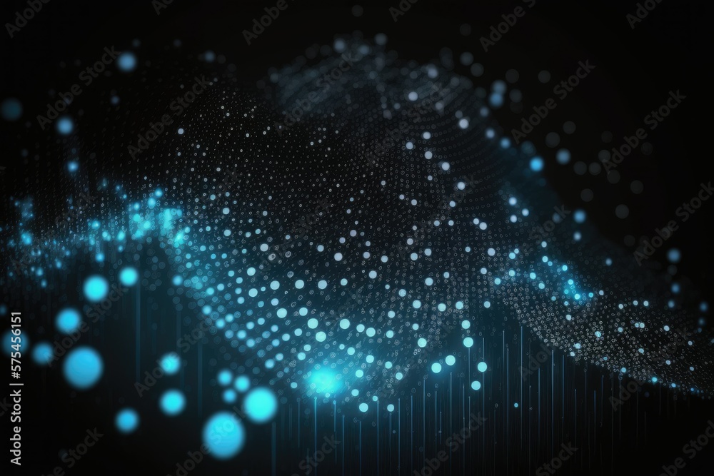 Poster conceptual background featuring a wave of binary data from modern technology. defocused light dots i