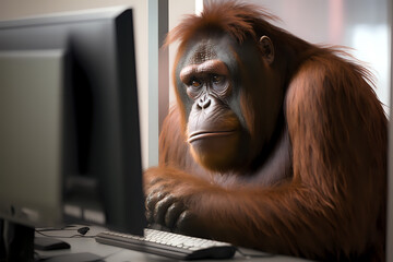 Orangutan hunched over a keyboard while working on a personal computer. Generative AI