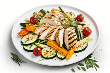 Salad with grilled chicken, tomatoes, zucchini, and carrots, against a white wooden background. Generative AI