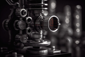 Fototapeta na wymiar Close-up shot of microscope with metal lens at laboratory. Generative AI.