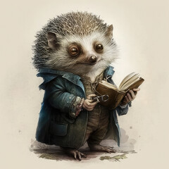 A cute hedgehog in huminode mode. victorian fashion,reading a book.