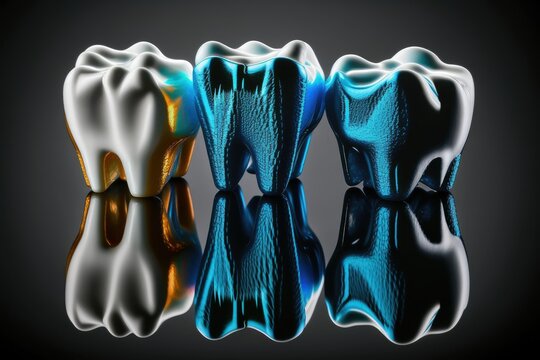 dental crowns made of zirconium metal, printed in a lab, and photographed against a black background with reflection. Generative AI