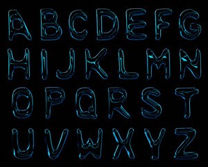 3d rendering of the English alphabet. Volumetric latin letters on a black background
