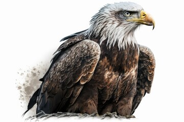 Fototapeta premium Photograph of an old (22 years) Bald Eagle (Haliaeetus leucocephalus) against a white background. Generative AI