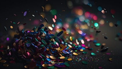Mysterious and moody confetti background with colorful and swirling particles - generative AI