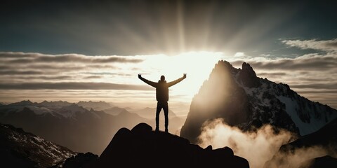 Person standing on mountaintop with arms raised in victory, concept of Triumph and Accomplishment, created with Generative AI technology